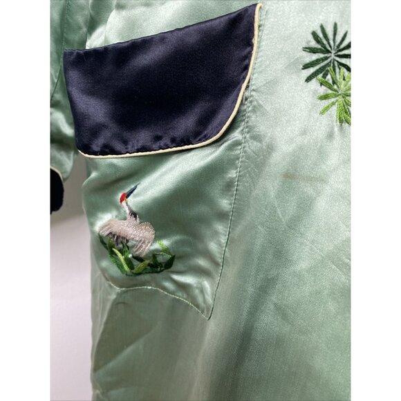 Vintage 100% Silk Kimono Robe Light Green Black XXL Embroidered Bird Floral Leaf - Picture 8 of 16